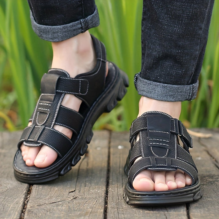 Men's Sandals | Open Toe & Velcro | Comfortable & Non-Slip | Cowhide & Rubber Sole