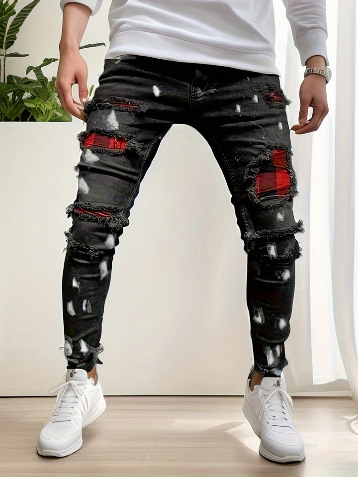 Men's Patchwork Jeans | Slim Fit | Stretch Denim | Trendy Style