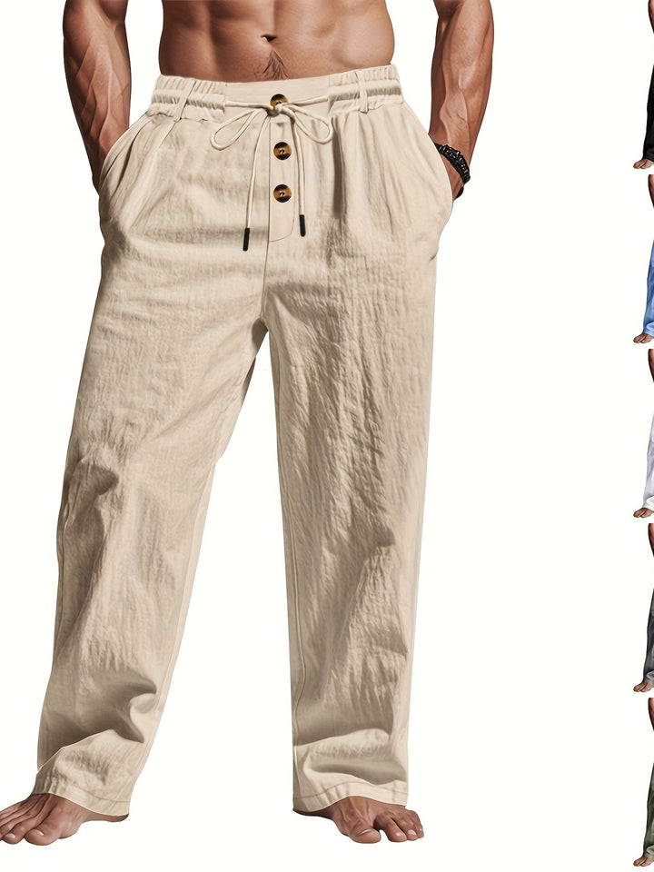 Men's Linen Pants | Lightweight & Breathable | Drawstring & Multi-Button | Beach & Casual