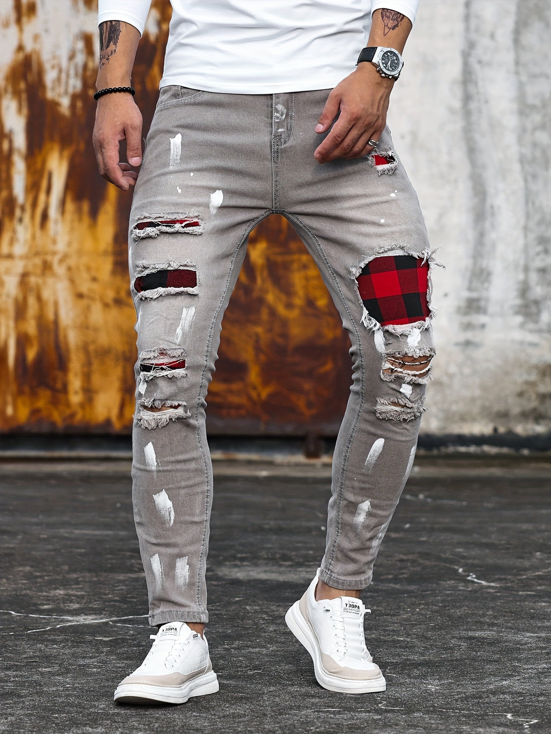 Men's Patchwork Jeans | Slim Fit | Stretch Denim | Trendy Style
