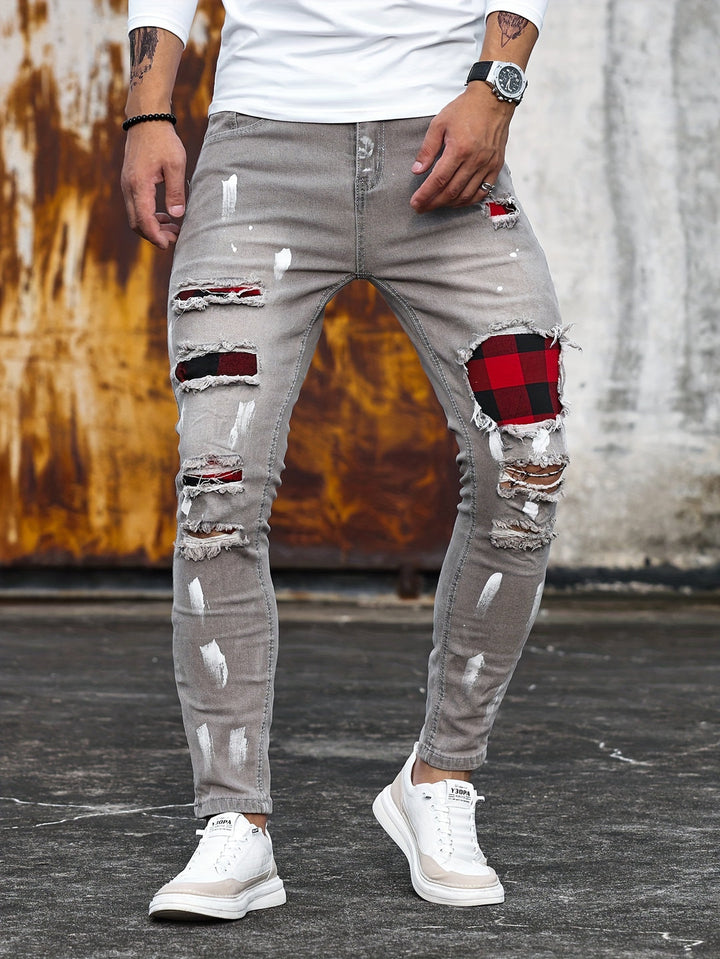 Men's Patchwork Jeans | Slim Fit | Stretch Denim | Trendy Style
