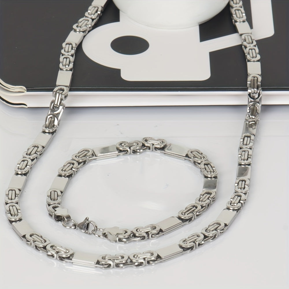 Men's Necklace & Bracelet Set Stainless Steel Flat Links & Stylish Design, view 2 - Elena Harper