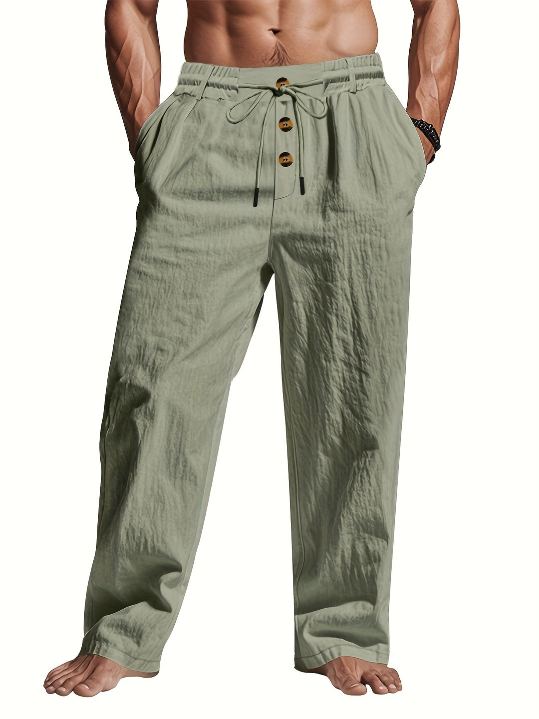 Men's Linen Pants | Lightweight & Breathable | Drawstring & Multi-Button | Beach & Casual