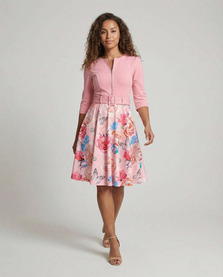 Women's A-Line Dress with Fitted Belt and Floral Pattern EB