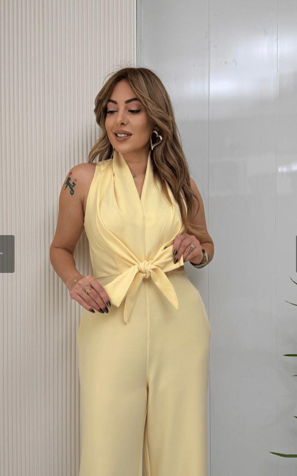 Women's Fluid Jumpsuit with Draped Neckline and Tied Waist - Elegant Cut