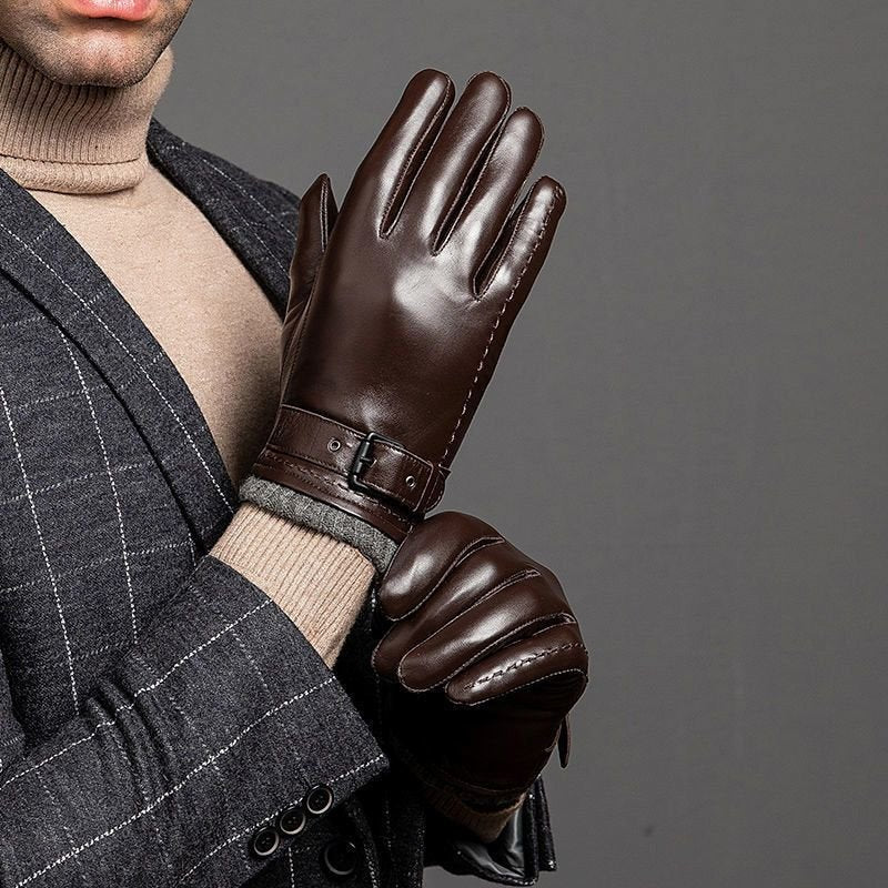 Men's Leather-Look Gloves with Buckle Strap - Elena Harper