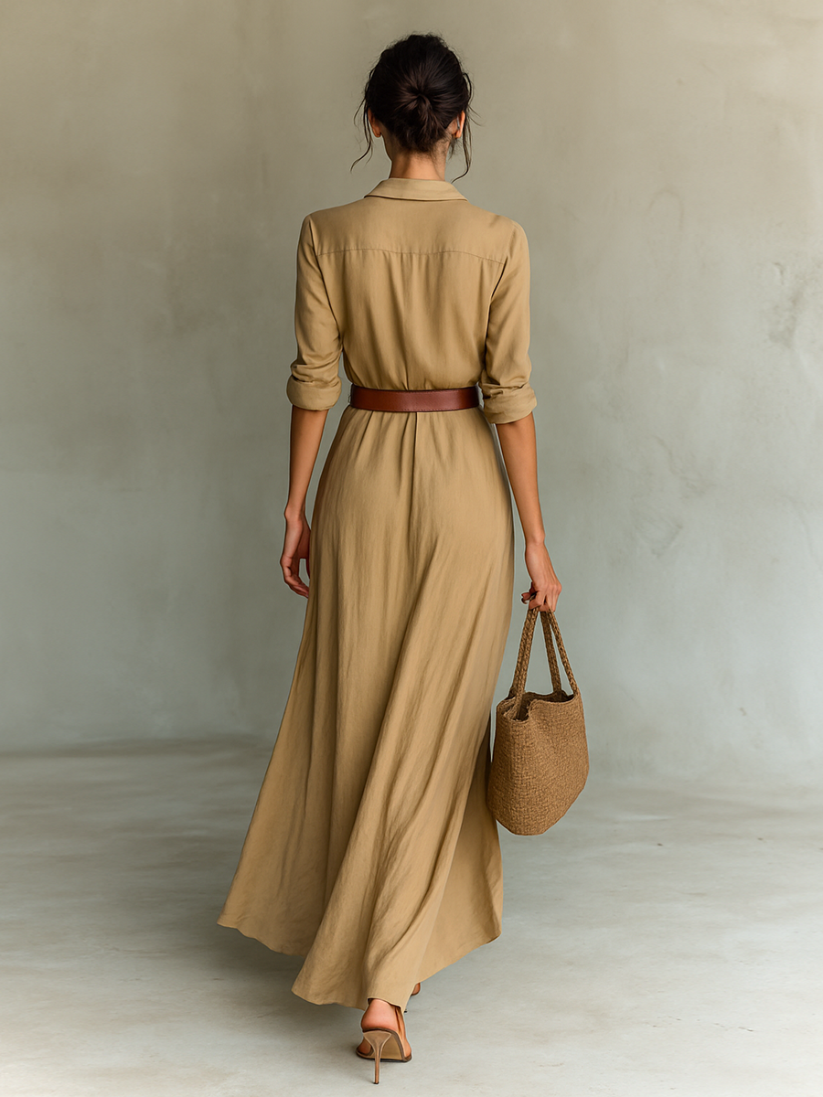 Long Maxi Dress with Notched Collar and Long Sleeves for Women - Elena Harper