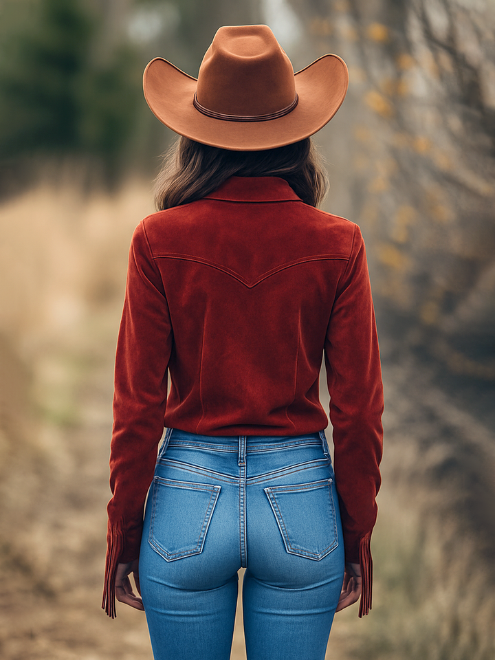 Outdoor Western Cowboy Red Suede Lapel Tassel Long Sleeve Shirt, view 2 - Elena Harper