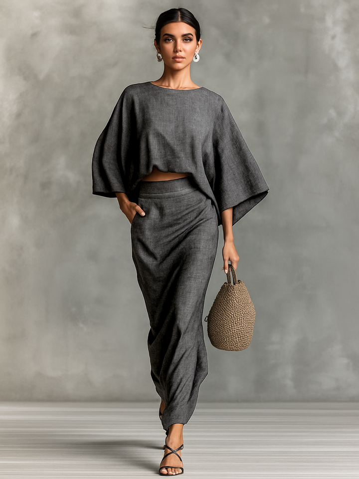 Two-piece set with long skirt in cotton-linen blend and batwing sleeves - Elena Harper