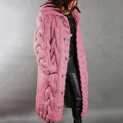 Cable Knit Long Cardigan with Hood for Women