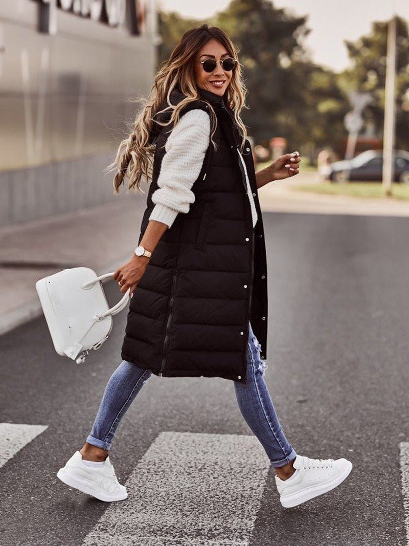 Padded Long Jacket with Zipper for Women