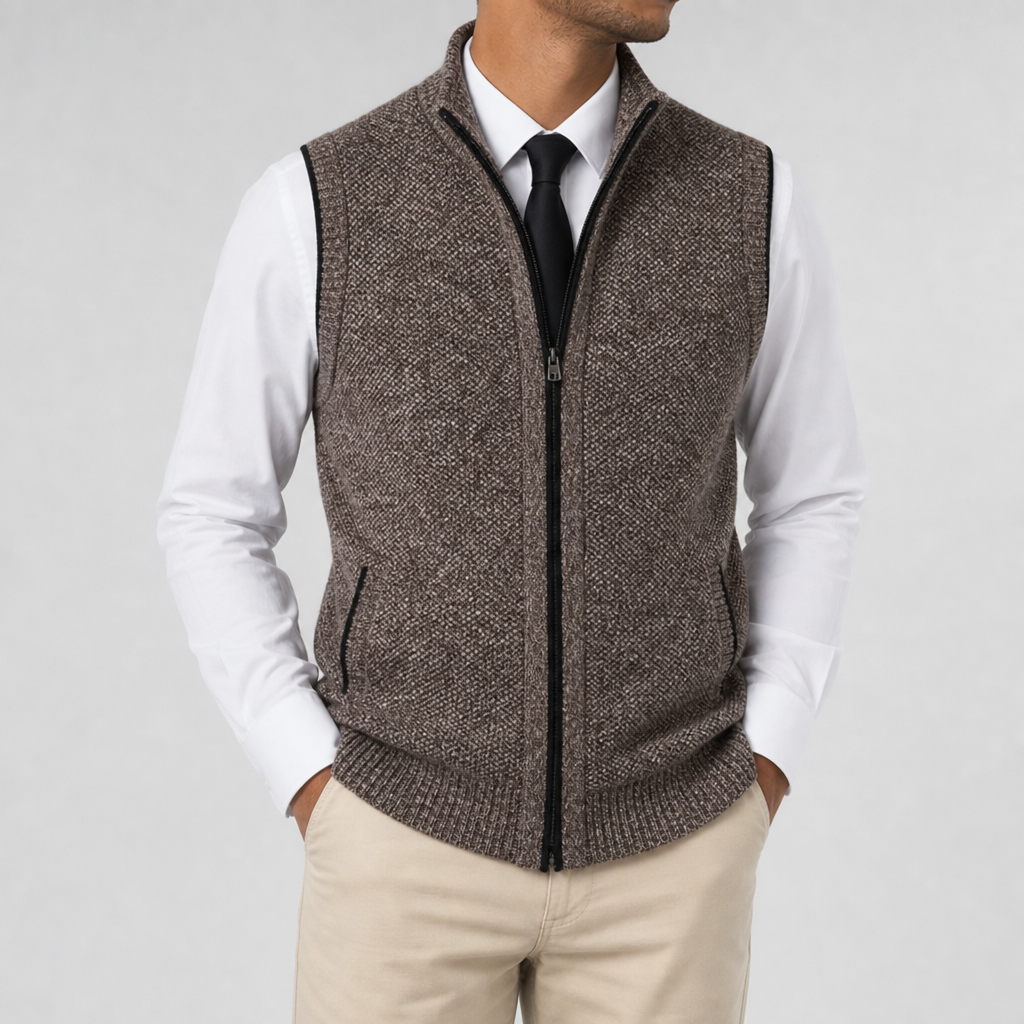 Men's Zip Knit Gilet without Sleeves with High Collar - Elena Harper