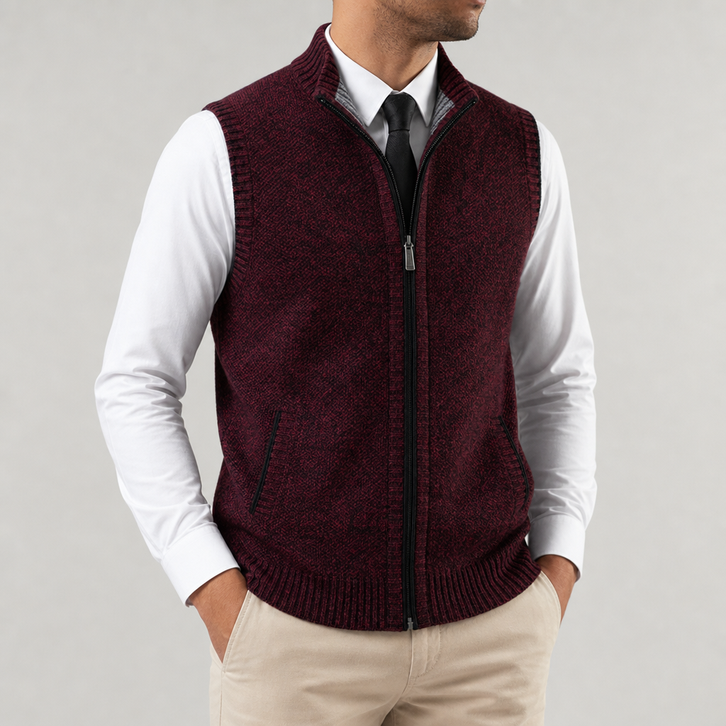 Men's Zip Knit Gilet without Sleeves with High Collar - Elena Harper