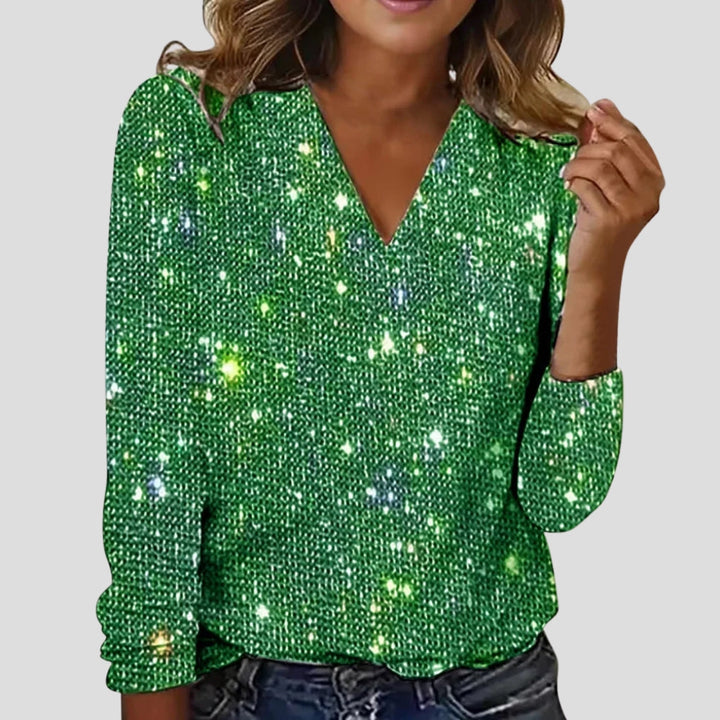 Glitter Blouse for Women with V-neck and Long Sleeves