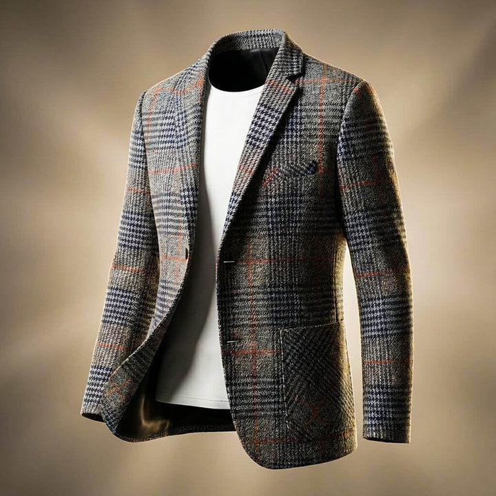Men's Breathable Wool Blazer with Notch Lapel and Houndstooth Pattern