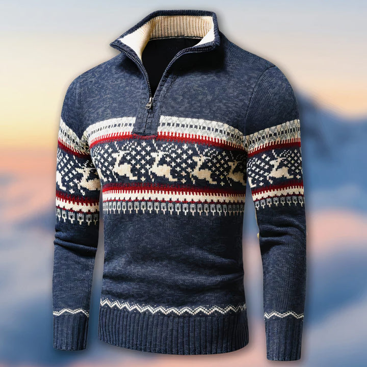 Lucas Men's Knitted Christmas Sweater Quarter-Zip Reindeer Pullover, Red, view 2 - Elena Harper