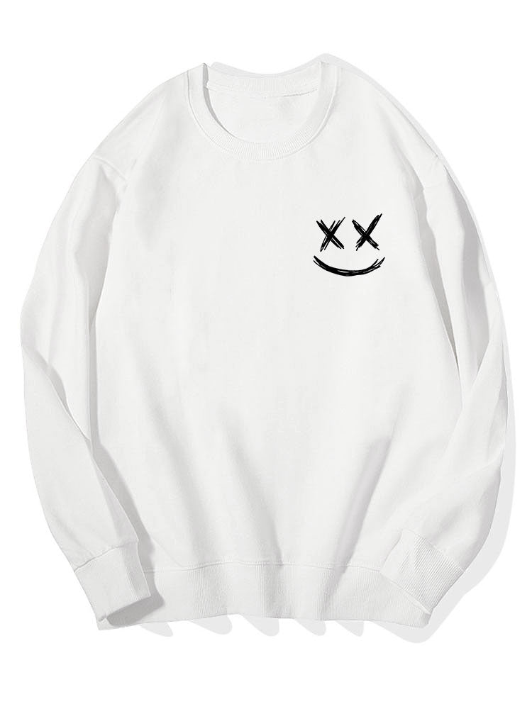 Men's Smiley Print Sweatshirt Relaxed Fit Crew Neck, view 2 - Elena Harper
