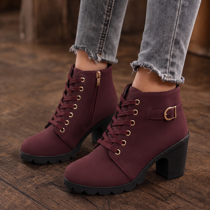 Buckle & Bold Buckle Lace-Up Chunky Heel Ankle Boots - Elena Harper