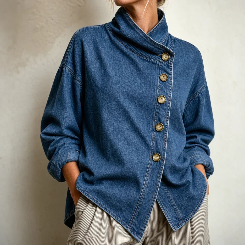 Angled Denim Asymmetric Button Stand-Collar Denim-Look Jacket - Elena Harper