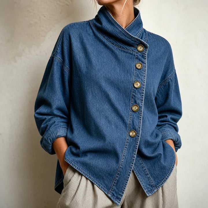 Angled Denim Asymmetric Button Stand-Collar Denim-Look Jacket - Elena Harper