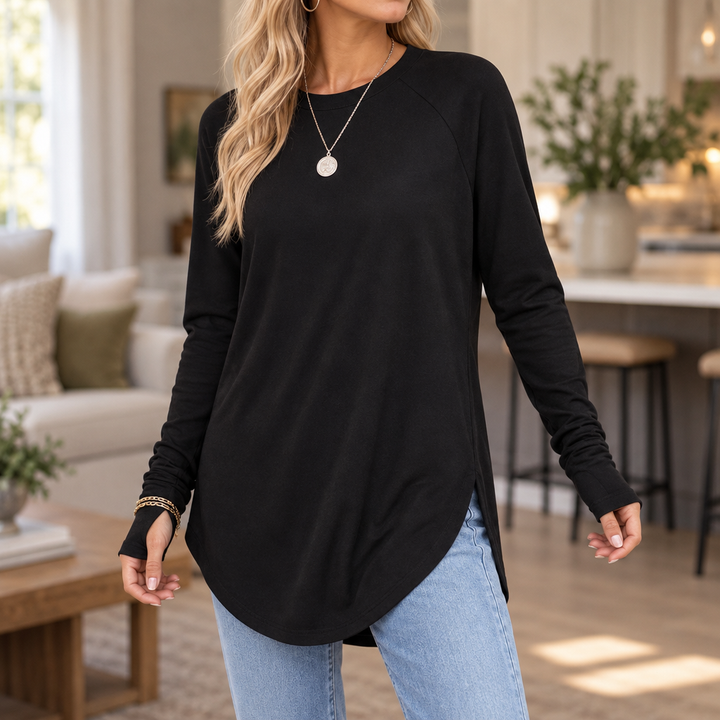 Cozelle Thumbhole Cuff Side-Split Knit Top - Elena Harper
