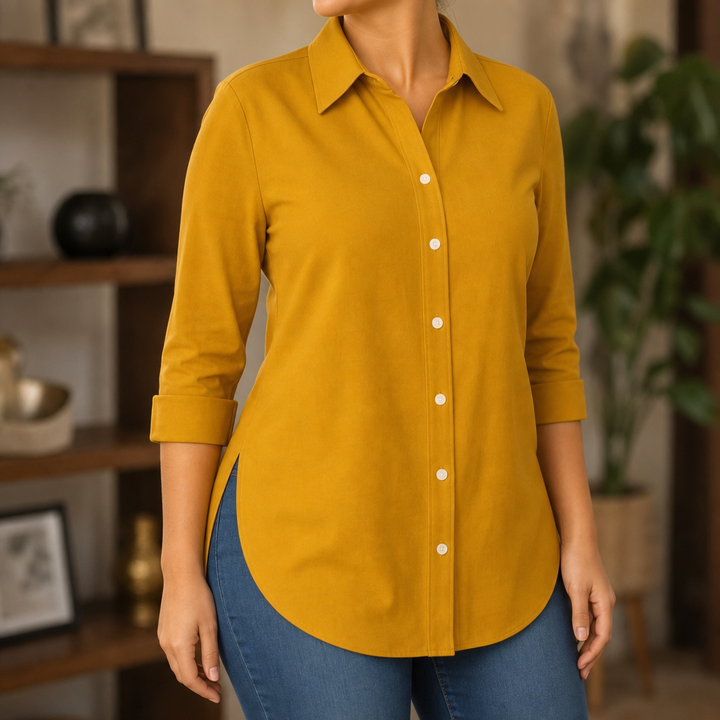 Elara Curve Curved-Hem Stretch Button-Front Shirt - Elena Harper