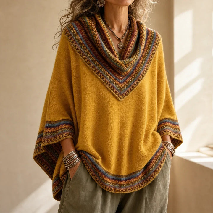 Cowl & Clover Geometric Cowl-Neck Knit Poncho Top - Elena Harper