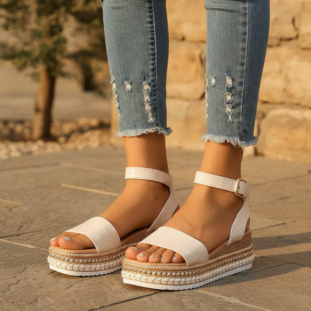 Women's Platform Strap Sandals - Apricot, Black & White