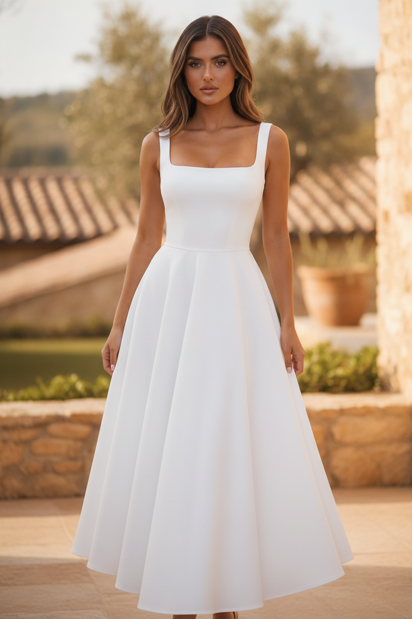 Women's Square Neck Midi Dress - Elegant Office Attire