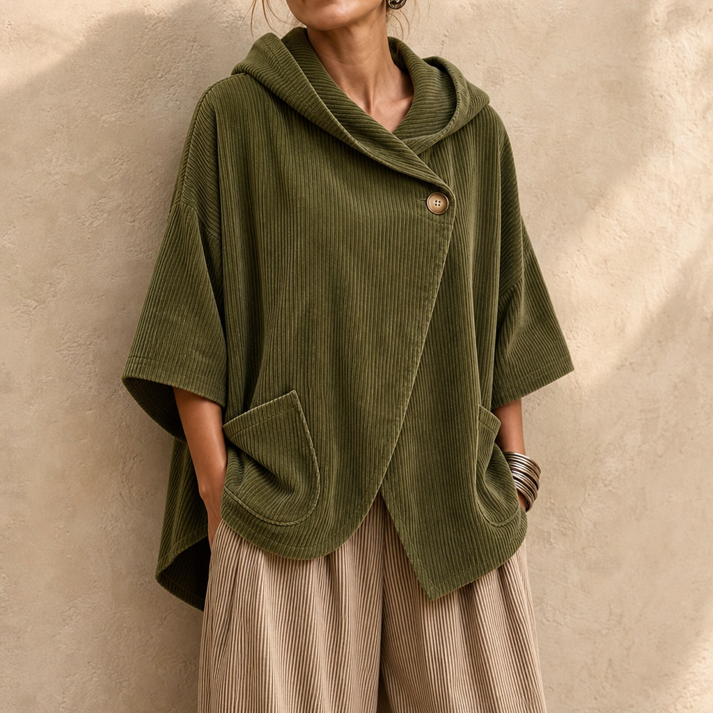 Draperly Asymmetric Hem Hooded Corduroy Poncho - Elena Harper