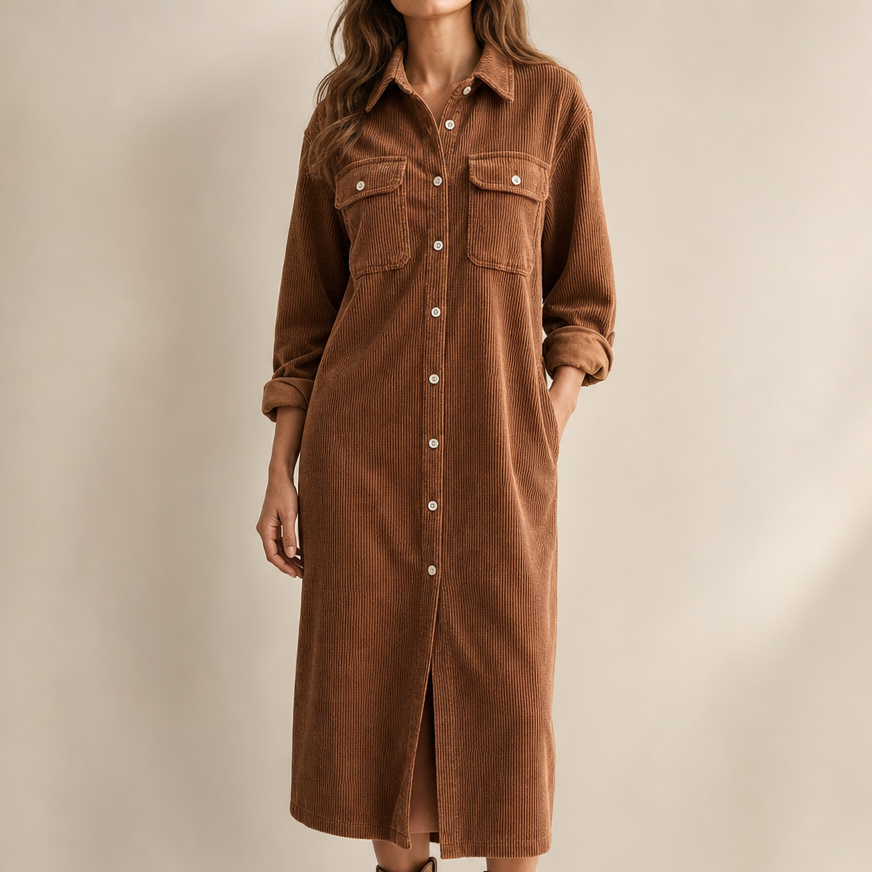 Corvella Ribbed Corduroy Button-Front Shirt Dress - Elena Harper