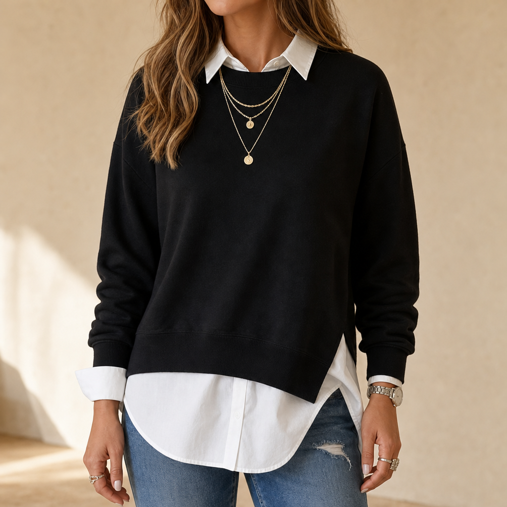 Averlyn Layered Mock Shirt Collar Crewneck Sweatshirt - Elena Harper