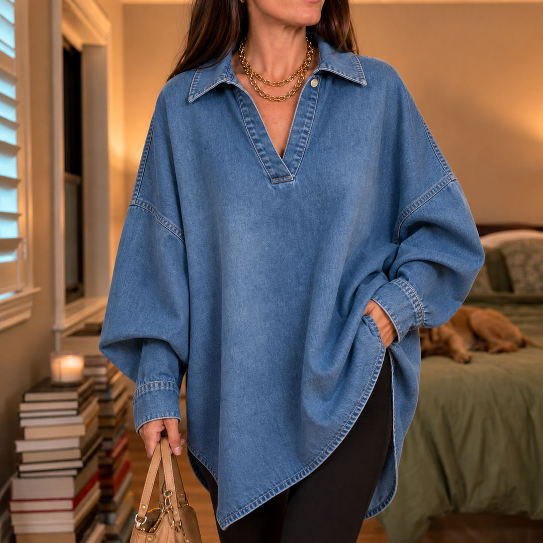 Denimelle Soft-Washed Batwing Denim Tunic - Elena Harper