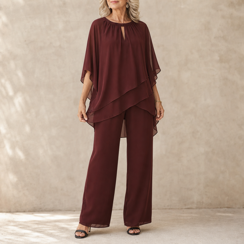 Draperie Asymmetric Chiffon-Overlay Wide-Leg Trouser Set - Elena Harper