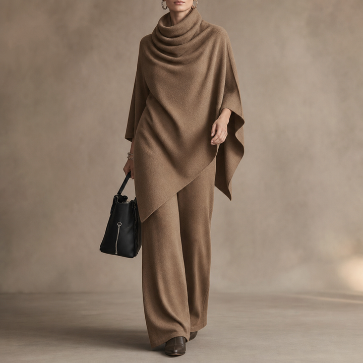 Draveil Cowl-Neck Cape Top And Wide-Leg Pants Set - Elena Harper