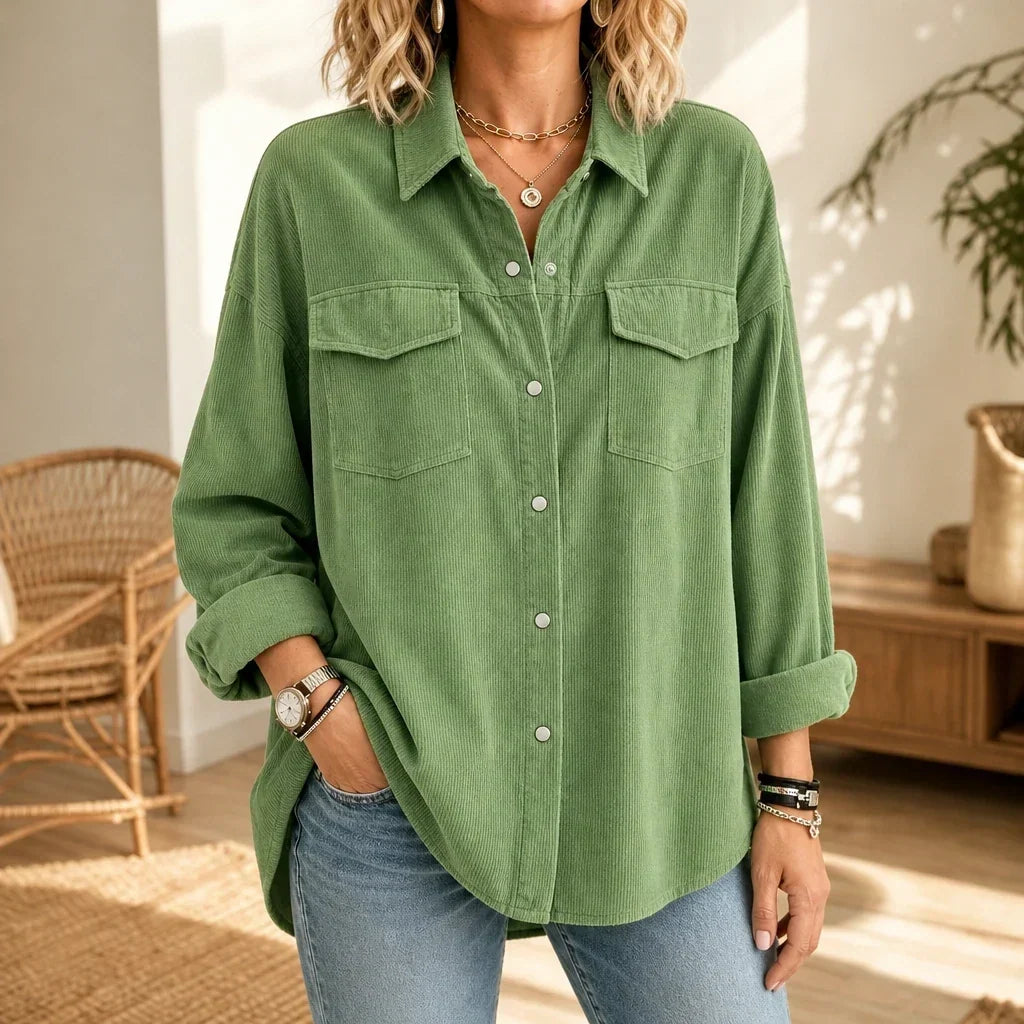 Cordelia Fine-Ribbed Corduroy-Look Button-Front Shirt - Elena Harper