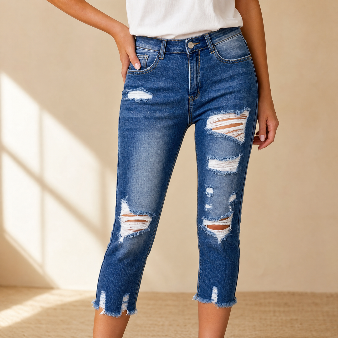 Delina Women's Soft Cotton Frayed-Hem Capri Jeans - Elena Harper
