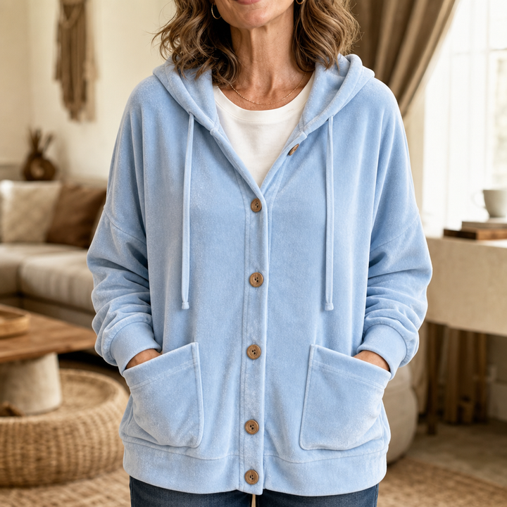 Coziva Hooded Button-Front Velour Cardigan - Elena Harper