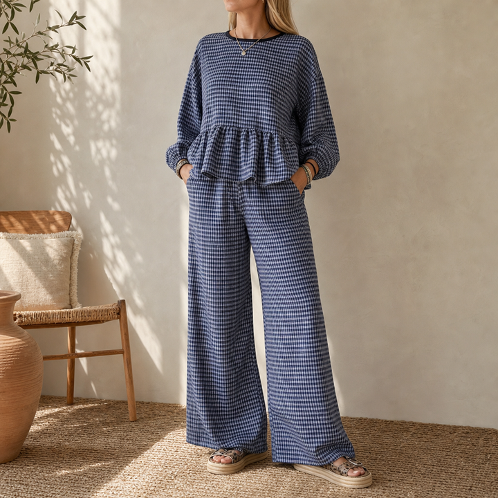 Elara Gingham Peplum Top And Wide-Leg Pants Set - Elena Harper
