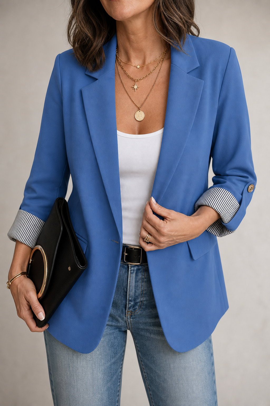 Cuffley Striped-Cuff Roll-Sleeve Tailored Blazer - Elena Harper