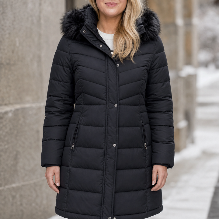 Chevronwarm Longline Puffer Coat With Fur Hood - Elena Harper