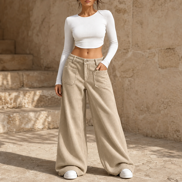 Cordelle High-Waisted Stretch Corduroy Wide-Leg Trousers - Elena Harper