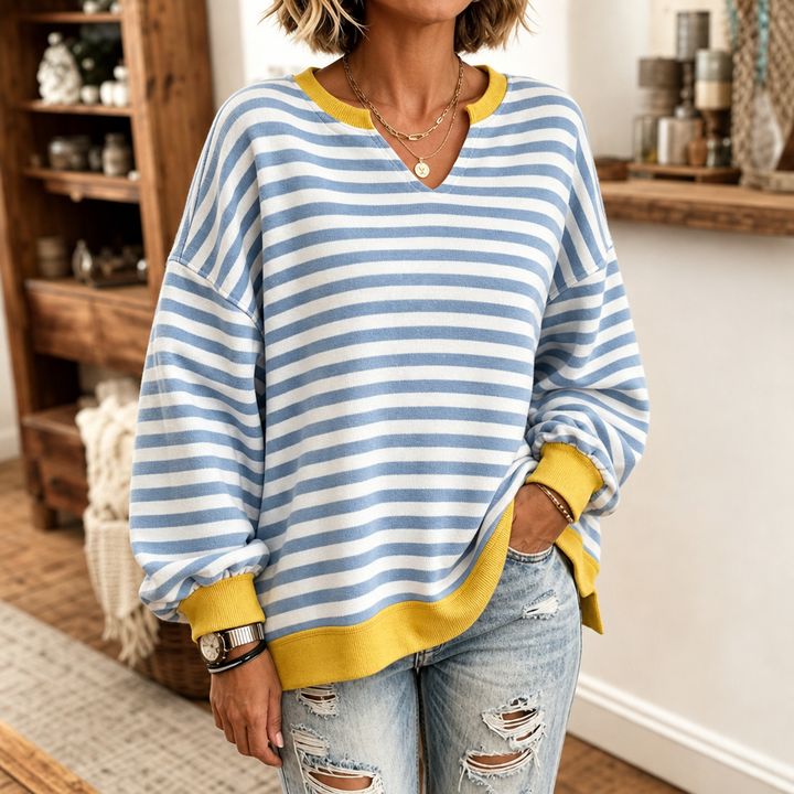 Coziver Drop-Shoulder Puff Sleeve Split-Hem Sweatshirt - Elena Harper