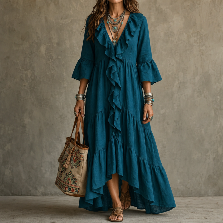 Cascada High-Low Ruffle V-Neck Bell Sleeve Dress - Elena Harper