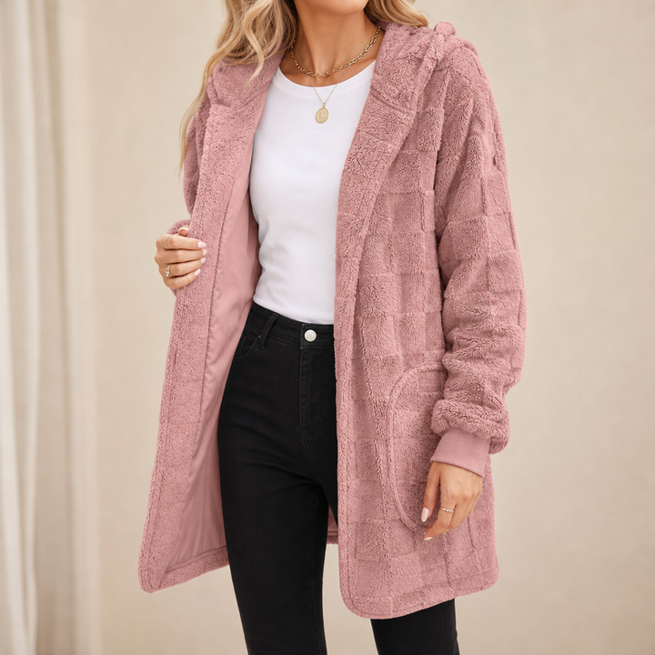 Checkora Fluffy Checked Open-Front Cardigan - Elena Harper