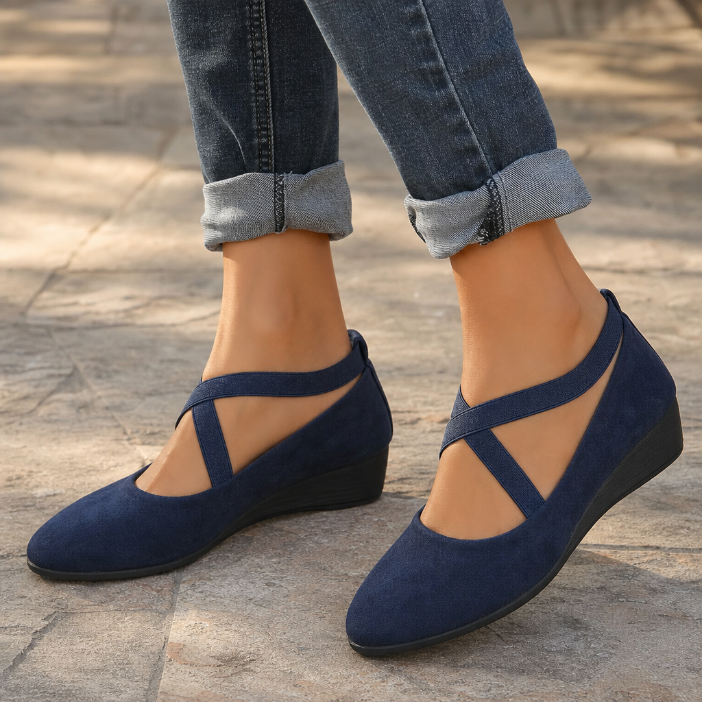 Elara Wedge Crisscross Elastic Strap Wedge Flats - Elena Harper