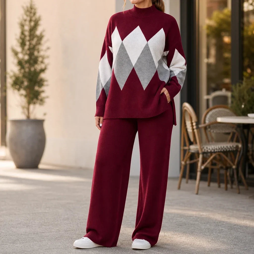 Argyle Ease Argyle Knit Sweater And Wide-Leg Trouser Set - Elena Harper