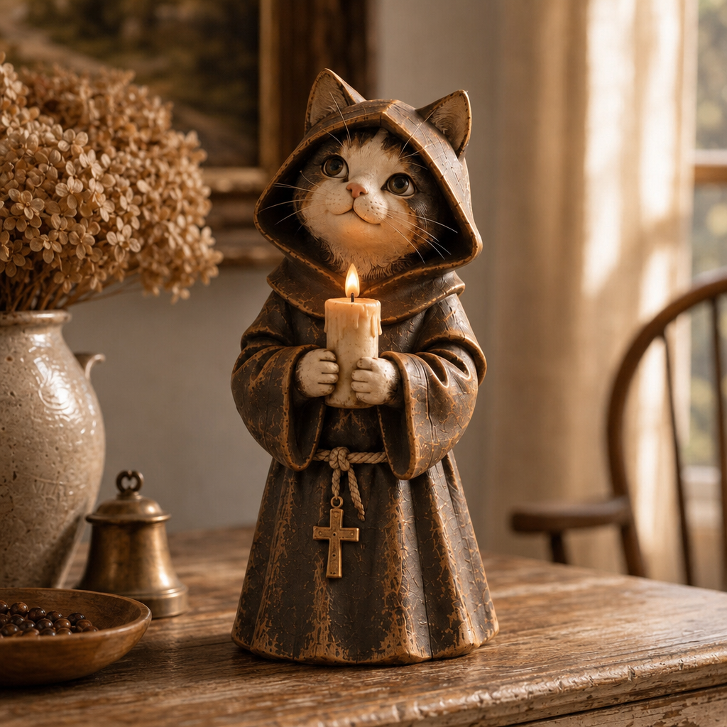 Courtly Cats – Candle-Holding Cat Monk Figurine