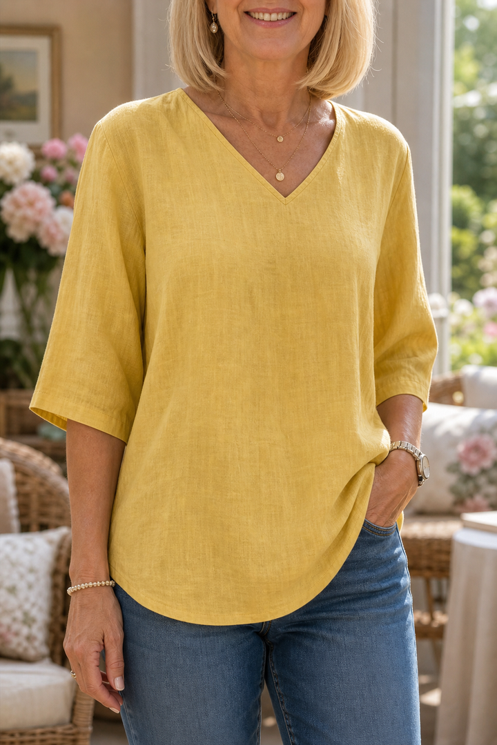 Easa V-Neck Relaxed-Fit Three-Quarter Sleeve Blouse - Elena Harper