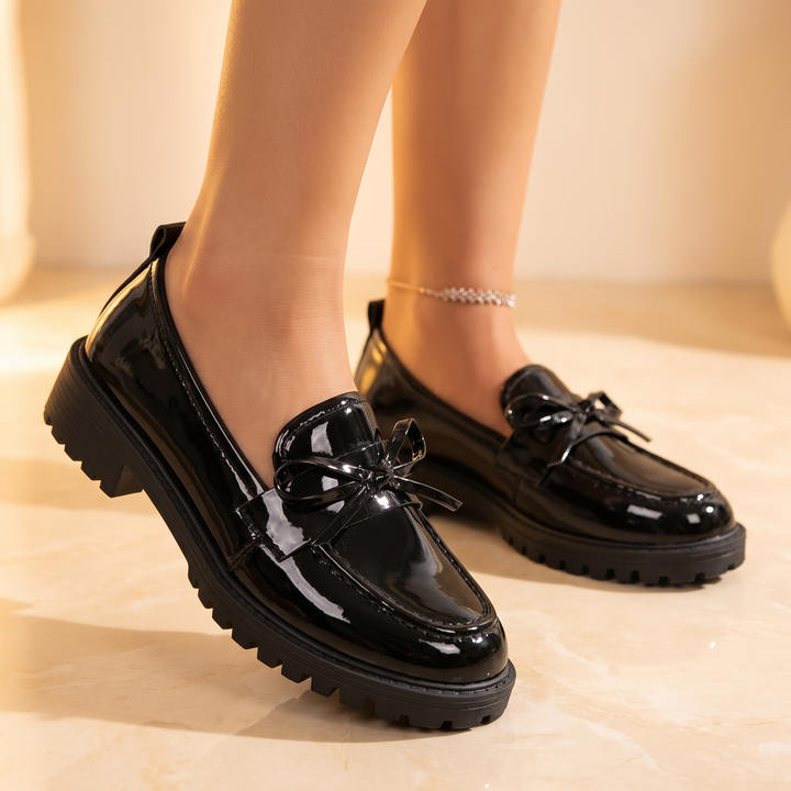 Bowella Glossy Bow Loafers with Cushioned Platform - Elena Harper